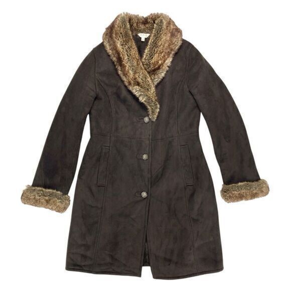 Un Deux Trois 123 Paris Dressy Coat Women 10 Brown Fur Trim Classic 90s Pea Coat - Picture 1 of 16